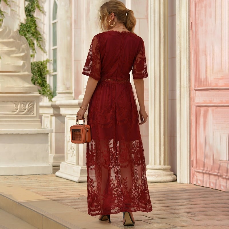 Dentelle robe longue bohème chic rouge brodée à manches mi-longues – Image 2