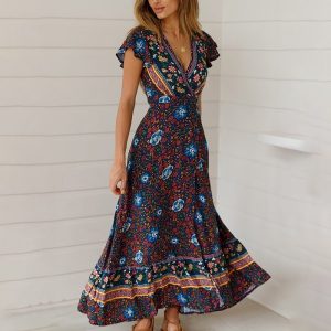 Hippie robe longue bohème col en V bleue marine