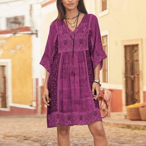 Robes bohème grande taille violette mini imprimer col en V