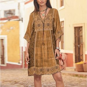 Robes bohème grande taille imprimé marron à col V