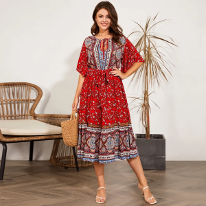 Hippie robe bohème chic longue rouge imprimé floral