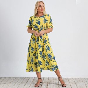 Robe Fleurie Jaune A- Line