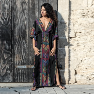 Hippie robe bohème chic noire imprimé Mexicain à manches courtes