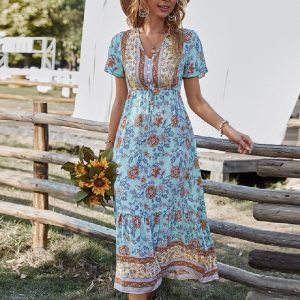 Robe cocktail style bohème chic bleue avec cordon de serrage imprimée