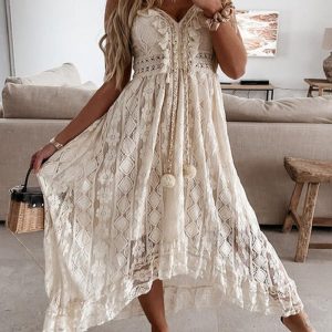 Dentelle robe longue bohème chic beige à bretelles