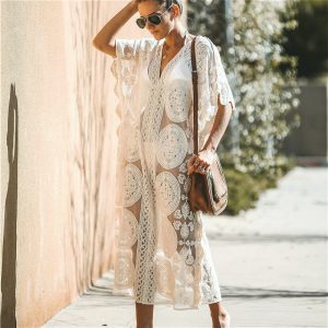 Robe blanche bohème grande taille longue en dentelle