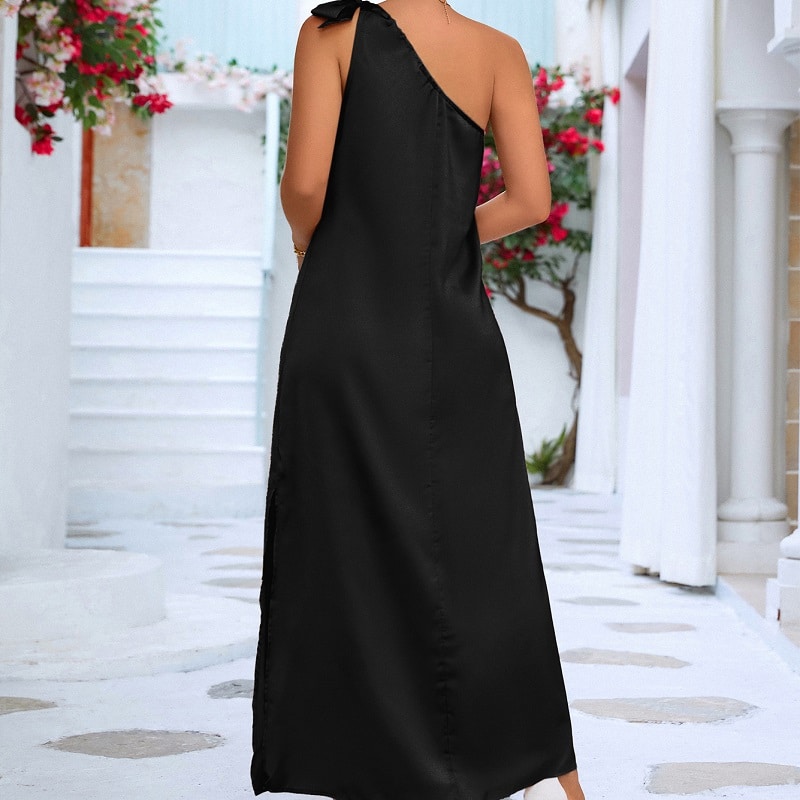 Robe bohème asymétrique noire longue à col oblique – Image 2