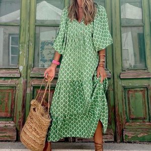 Robe cocktail longue bohème chic avec manches bulles verte