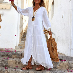 Robe longue voile de coton blanche unicolore à boutons