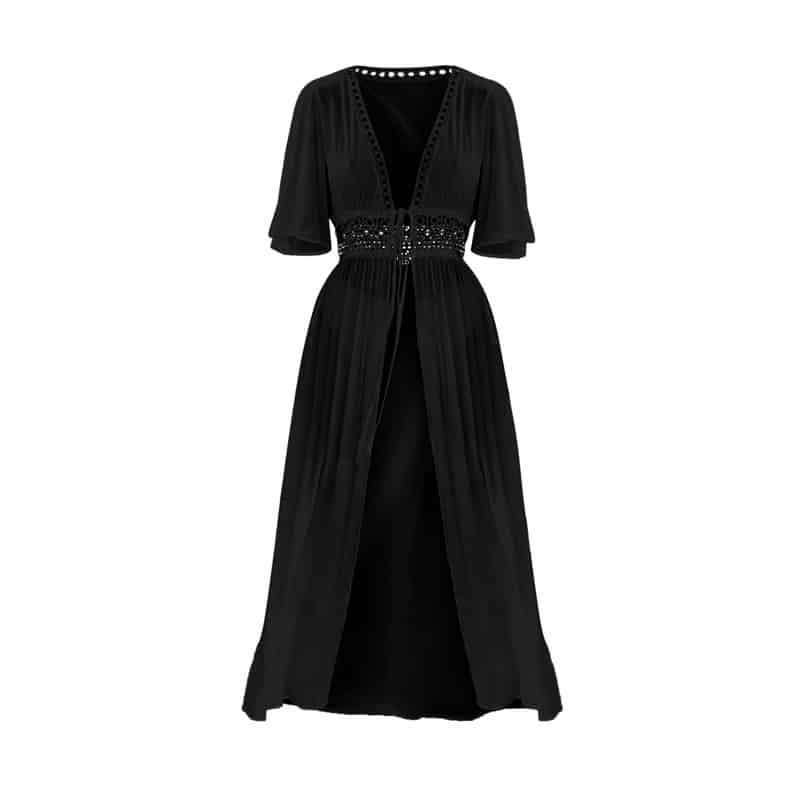 Dentelle robe longue bohème chic noire cache maillot à nœud – Image 3
