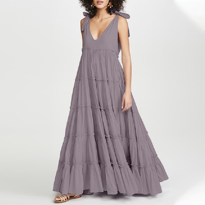 Robe bohème asymétrique à volants avec col en V violette