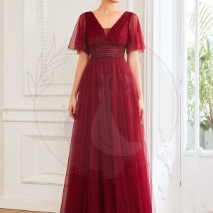 Robe de demoiselle d’honneur en tulle plissée à manches courtes et double col en V