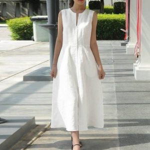 Robe Blanche Coton  Bohème Longue Sans Manche