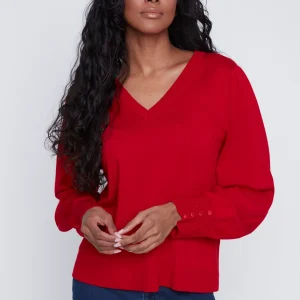 Chandail Tricot Léger Manches Bouffantes Col V